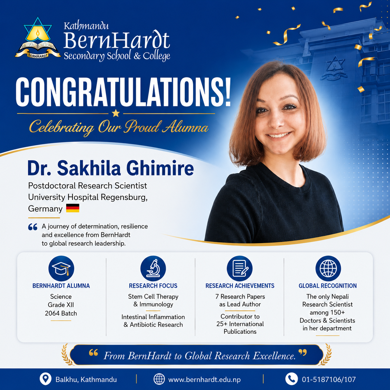 Dr. Sakhila Ghimire, BernHardt College alumna and immunologist, Regensburg Germany