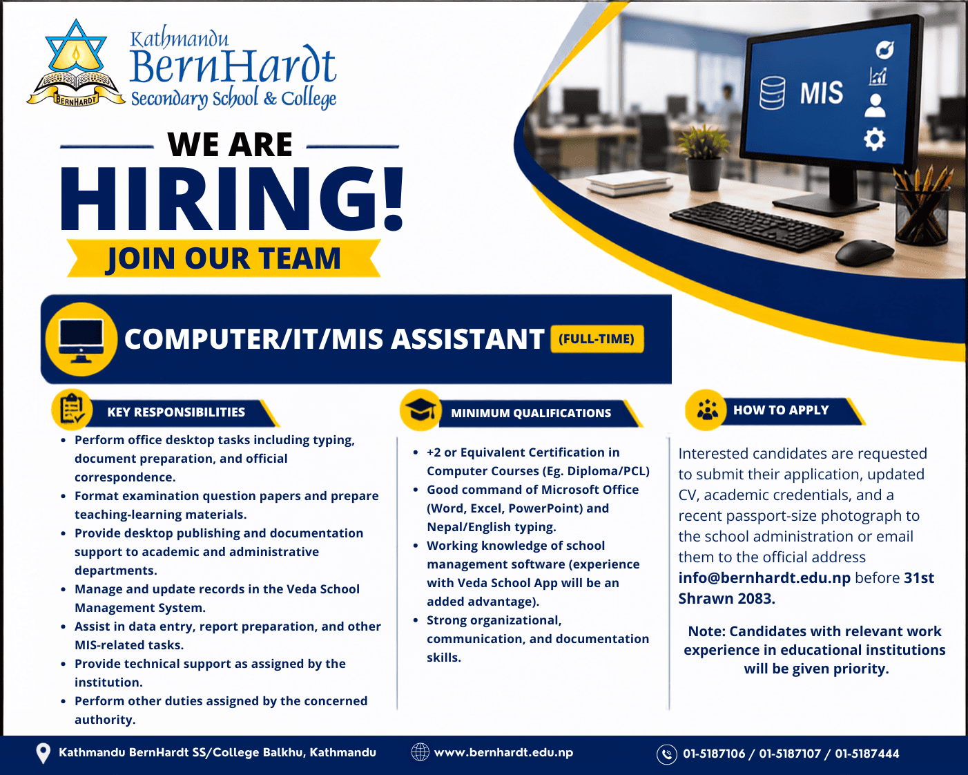 Vacany for IT Assistant at Kathmandu BernHardt